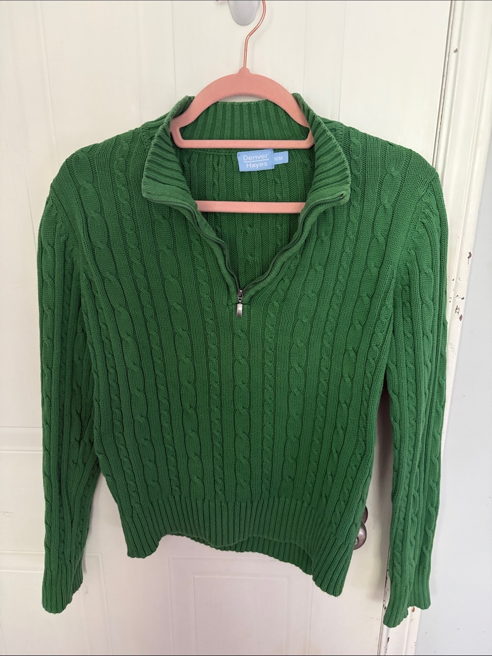 Denver Hayes Green Cable-Knit Quarter Zip Sweater